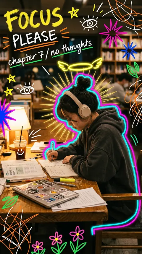 一张深色氛围的韩系／日系校园自习馆夜晚照片，竖构图，带有手机随拍感与社交媒体打卡气质，以真实人物摄影为基础，叠加高饱和手绘涂鸦拼贴与Y2K荧光贴纸风。主体是名为 - AI生成图片 3
