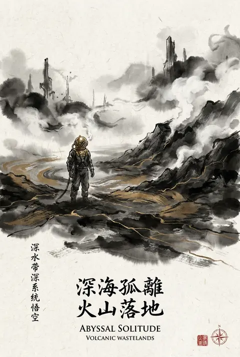 Vertical travel poster in traditional ink wash painting: a solitary deep-sea div - AI生成图片 2
