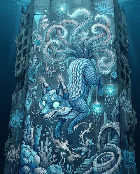 A towering vertical graffiti street mural of a mythical nine-tailed fox spirit d - AI生成图片 1