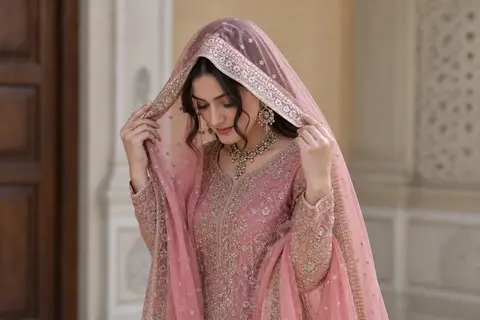 Veil AdjustmentBody: 45° angle.Hands: Dono haath se dupatta halka sa adjust kart - AI生成图片 1