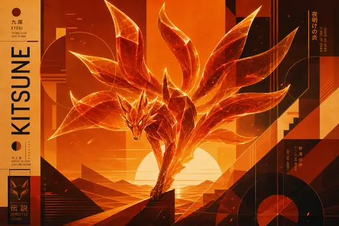 Vertical 3:4 bauhaus geometric poster of a mythical nine-tailed fox spirit risin - AI生成图片 2
