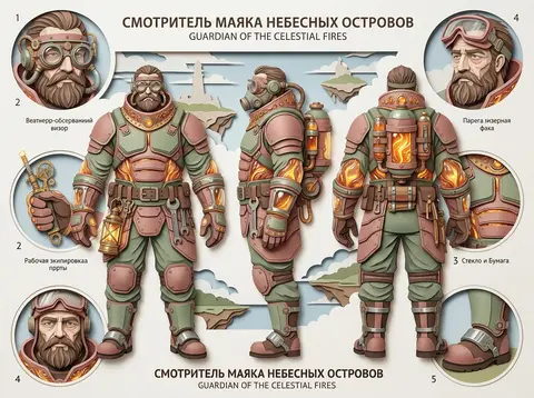 Величественный смотритель маяка на парящих небесных островах, персонажный лист в - AI生成图片 2