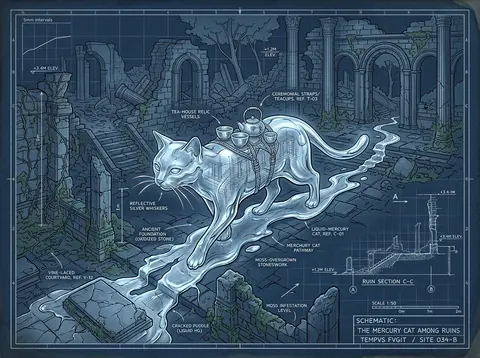 Ultra-detailed blueprint schematic of a solitary tea-house cat wandering through - AI生成图片 1