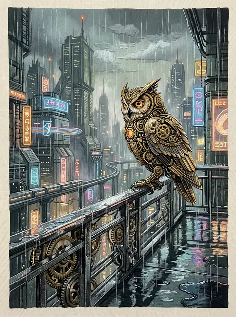 A clockwork owl poised on a rain-slick chrome balcony above a sprawling neon meg - AI生成图片 1