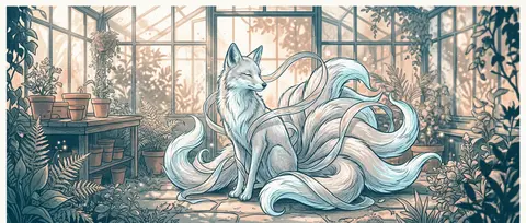 A mythical nine-tailed fox spirit in a sunlit greenhouse, draped in woven silk r - AI生成图片 3