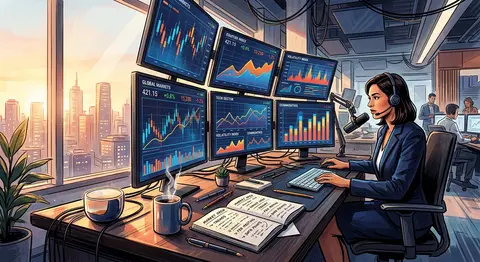 Editorial illustration of a financial news desk with multiple monitors displayin - AI生成图片 4