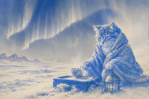 A quiet tea-house cat wrapped in a woven silk shoulder mantle, seated beside a t - AI生成图片 2