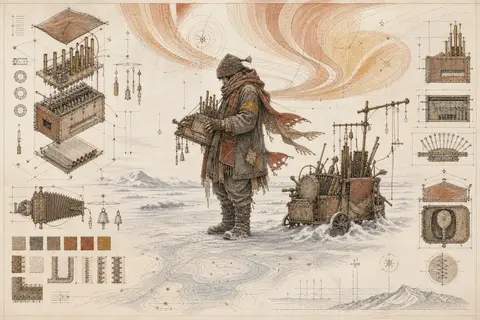 blueprint schematic illustration of a wandering street musician paused on a froz - AI生成图片 2