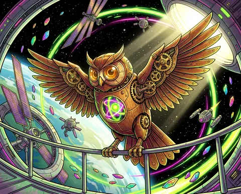 一只由漆木、黄铜齿轮与透明琥珀镜片构成的机械猫头鹰，停驻在环绕行星运行的未来空间站观景穹顶前，双翼展开，胸腔内的微型恒星反应炉释放出欢快的光环。空间站的环形舱段 - AI生成图片 2