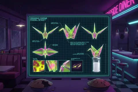 Character sheet for a sentient origami paper crane in a 1950s retro diner, desig - AI生成图片 1