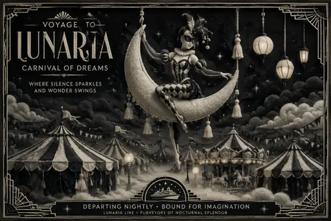 A dreamlike midnight carnival travel poster in elegant art deco design, featurin - AI生成图片 1