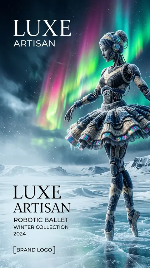竖版商业艺术海报，一位 robotic ballet dancer 伫立在 frozen tundra 上，脚尖轻点结霜冰面，姿态优雅却带着 melanchol - AI生成图片 2