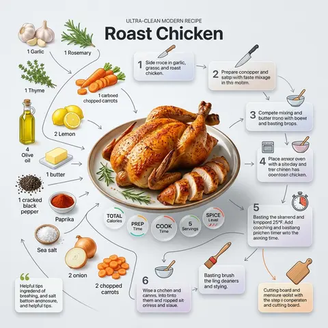 Ultra-clean modern recipe infographic for roast chicken. Feature the finished ro - AI生成图片 3