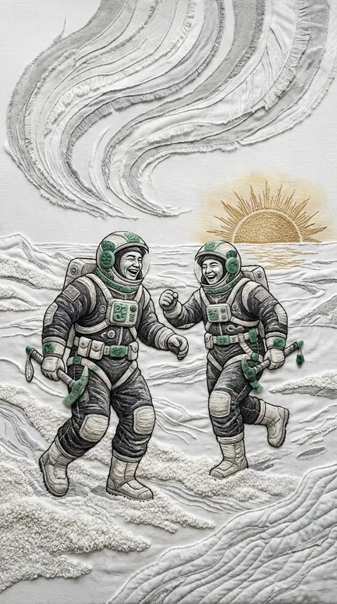 Two twin astronaut pathfinders laugh mid-stride across a windswept polar waste, - AI生成图片 1