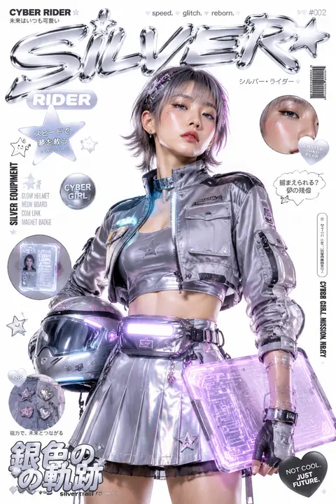 竖版 3:4，单张海报式拼贴，Y2K 日系时装杂志封面感 / 偶像专辑内页 / 贴纸手帐 editorial，白底棚拍 + direct flash + sof - AI生成图片 2