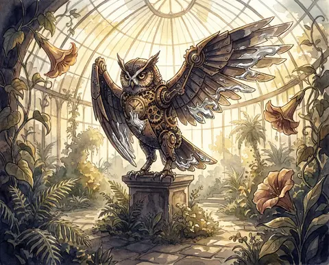A colossal clockwork owl stands at the heart of a vast sun-drenched greenhouse l - AI生成图片 1