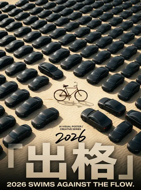 竖版 `3:4` 概念海报，高角度俯视构图，正上方直拍。整幅画面被大量整齐排列的同款哑光黑色现代轿车填满，车辆以高密度矩阵分布在平坦起伏极轻的淡金色沙漠沙丘表面 - AI生成图片 2