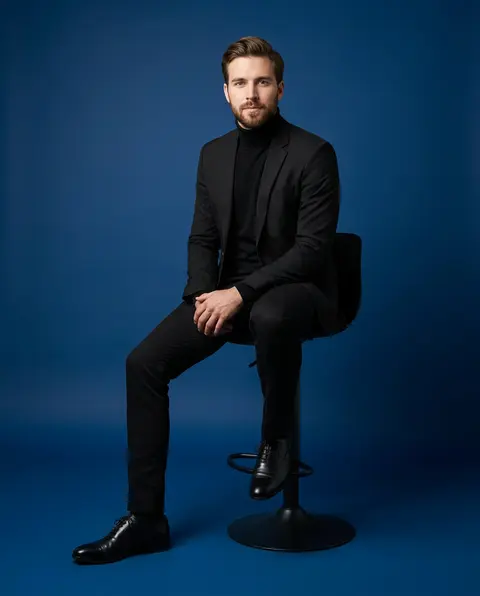 Hyper-realistic luxury studio full-body portrait of a confident young man seated - AI生成图片 2
