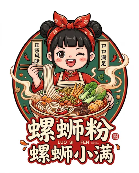 一张干净白底的中国风可爱餐饮品牌插画海报，中心构图，Q版动漫女孩手捧一大碗螺蛳粉，整体做成精致餐饮logo/包装贴纸风。女孩是甜美少女形象，黑色头发，双丸子头， - AI生成图片 1