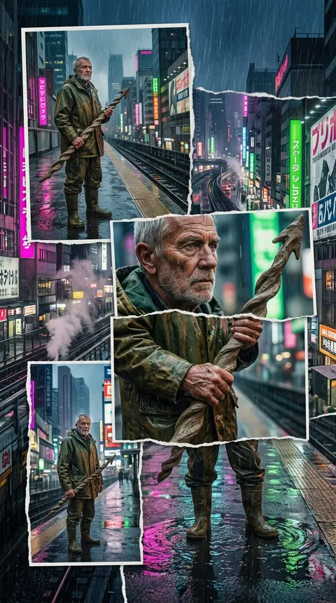 An elderly fisherman with a storm-bitten face and silver stubble stands ankle-de - AI生成图片 4