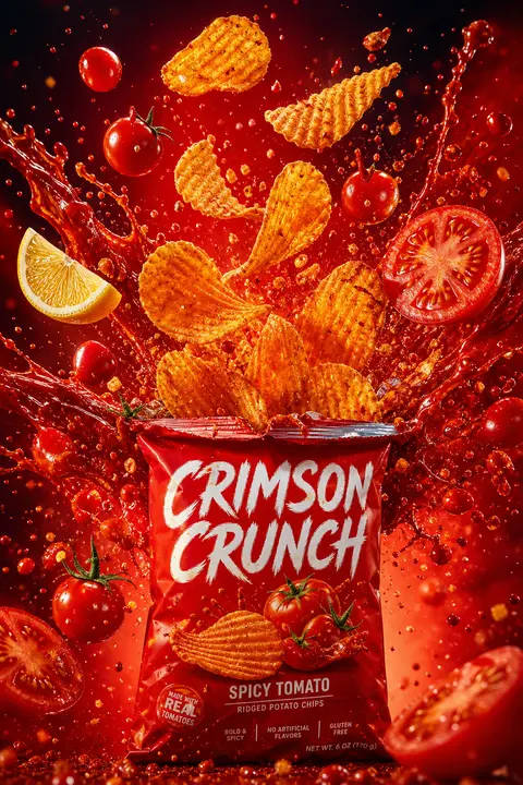 一张高冲击力的商业食品广告摄影图：`Crimson Crunch` 香辣番茄波纹薯片包装袋置于画面下方中央，鲜艳炽红的袋身在镜头前形成强烈视觉锚点，袋口被利落撕 - AI生成图片 3