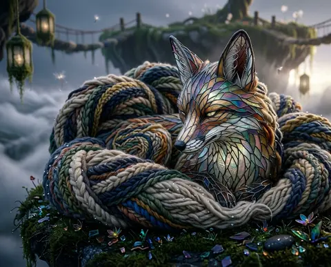 mythical nine-tailed fox spirit curled in still reflection at the edge of a floa - AI生成图片 3