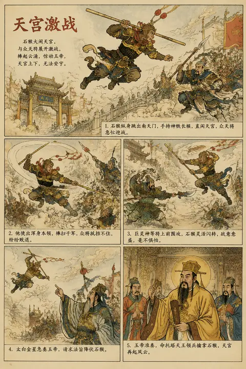 传统中国连环画 / 小人书风格，《西游记》“天宫激战”主题，多格连续分镜叙事；采用经典毛笔墨线，黑色勾勒人物与云殿楼阁轮廓，线条劲健流畅、疏密有致，保留老版连环 - AI生成图片 1