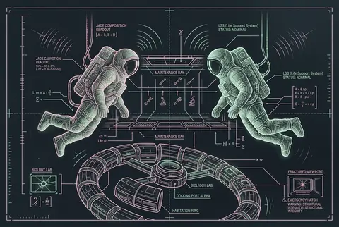 Twin astronaut explorers etched from carved jade drifting inside an orbital stat - AI生成图片 2