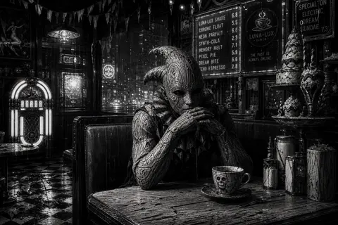 A masked carnival acrobat sits alone in a chrome-edged booth inside a 1950s retr - AI生成图片 1
