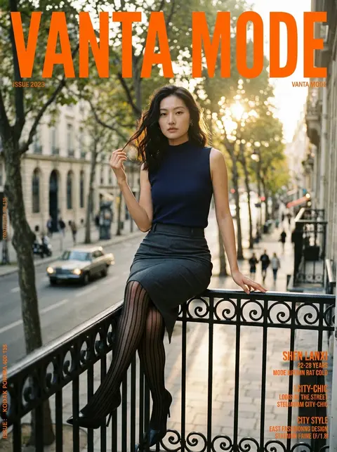 时尚杂志封面构图，中景人像，22-28岁东亚年轻女性模特“沈澜汐”，清冷凌厉的都会御姐气质，曲线鲜明，黑色长款微卷发自然垂落，淡雅底妆搭配红棕调唇色；身穿藏蓝色 - AI生成图片 2