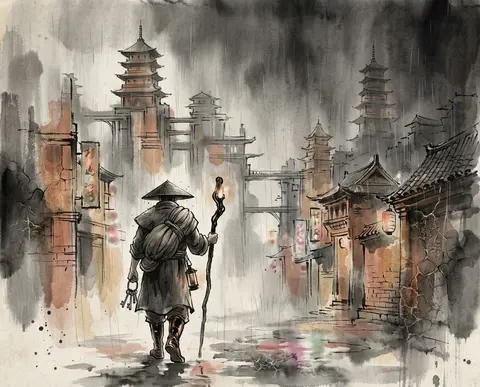 A haunting traditional ink wash painting of a solitary lighthouse keeper driftin - AI生成图片 2