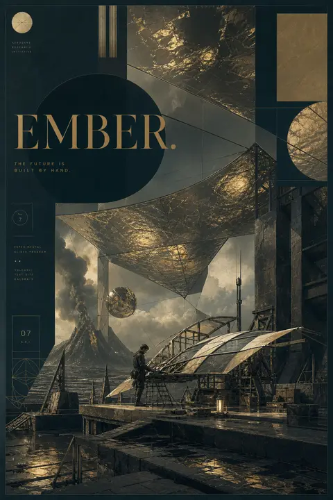 Premium editorial campaign poster, a young tinkering inventor alone in a volcani - AI生成图片 1
