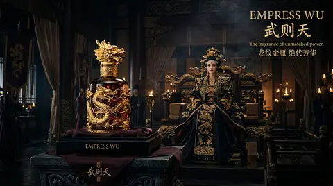 武则天同款皇后香水广告，龙纹金瓶，暗黑宫廷氛围感大片 - AI生成图片 1