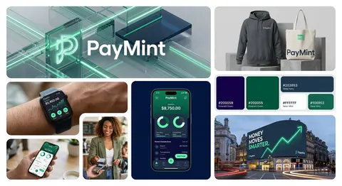 一张高端金融科技品牌视觉情绪板（mood board）拼贴图，整体为干净现代的品牌展示海报，白色背景，圆角卡片网格排版，7个分区，统一品牌名“PayMint”， - AI生成图片 2