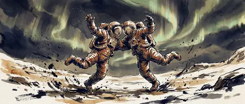 Twin astronaut explorers striding through a frozen tundra beneath rippling auror - AI生成图片 2