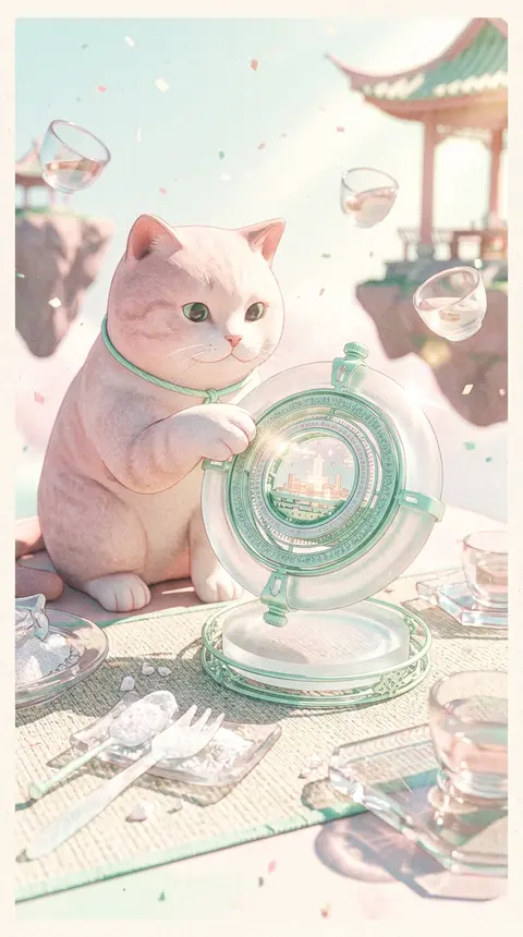 一只圆脸茶屋猫端坐在漂浮天岛之间的露天茶席中央，脖颈系着极细的薄荷色丝绳，前爪轻搭一枚悬浮旋转的霜晶时轮器，器身由半透明磨砂水晶与细密薄荷金属骨架构成，内部嵌有 - AI生成图片 4
