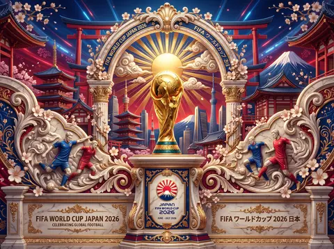 Ultra-detailed 3D baroque poster, Japan World Cup 2026, FIFA trophy in center, d - AI生成图片 1