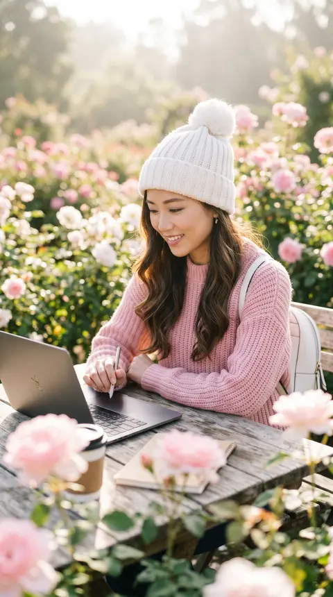 A vivid photograph of a young East Asian woman working outdoors, captured from a - AI生成图片 2