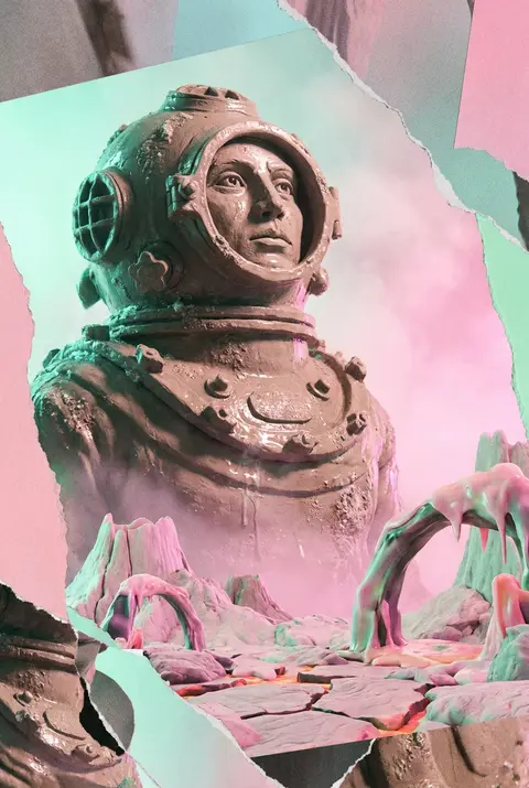surrealist photo collage of a deep-sea diver as a colossal mythic figure in a vo - AI生成图片 3
