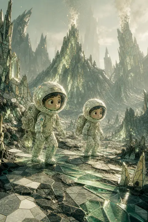 two twin astronaut explorers with subtly mismatched silhouettes, wandering acros - AI生成图片 1