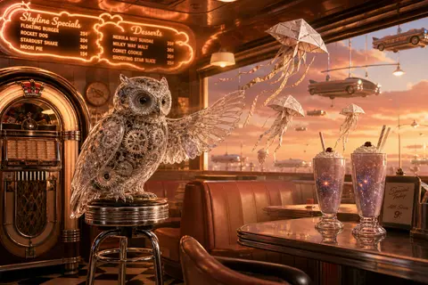 A clockwork owl perched on a chrome-topped stool in a 1950s retro diner, its bod - AI生成图片 1