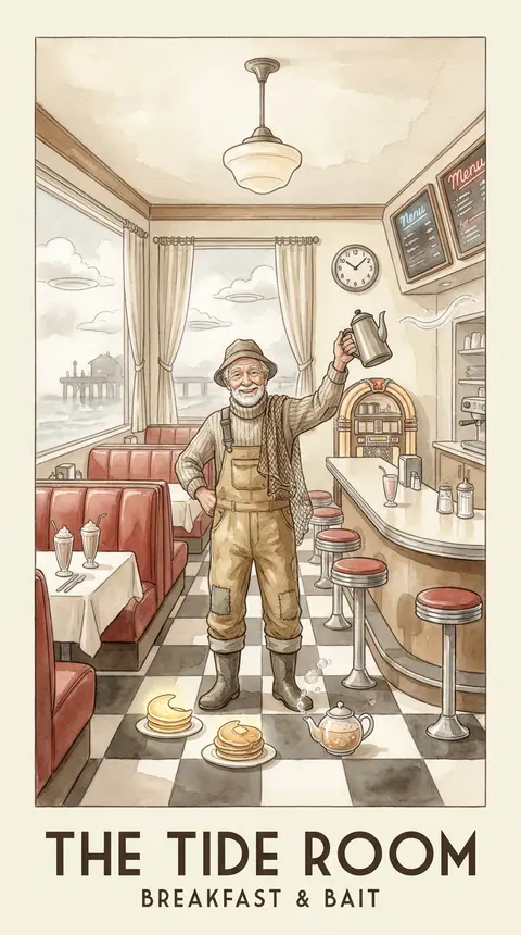 竖版水彩故事书插画，一张虚构小镇餐馆宣传画，四周宽阔奶油色留白与优雅排版；画面中央是一家1950年代风格的海边公路 diner 内景被奇想化改造成“潮汐早餐剧场 - AI生成图片 1