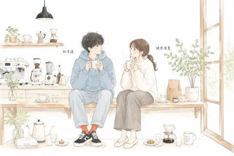 一幅日系清新治愈感手绘插画风的室内咖啡馆场景，采用极简线稿结合淡雅水彩平涂，大片白色留白背景，画面居中、呼吸感十足。两位年轻人并排坐在浅木色长凳与吧台边，轻松地 - AI生成图片 1