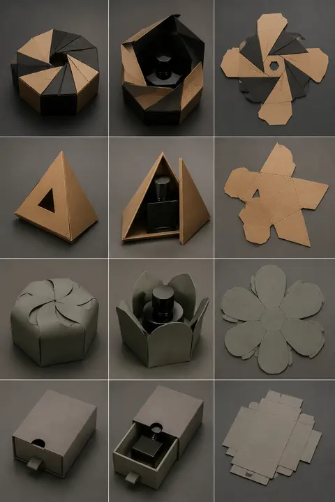 一张高端工业设计作品集风格的九宫格拼贴图，呈现多款纸质香水包装结构与展开刀版，结合俯视与三分之四视角，整体采用极简摄影棚布光，深灰至暖灰纯色背景，材质真实细腻， - AI生成图片 2