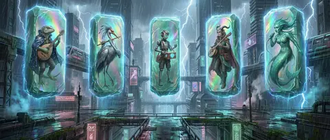 在霓虹与骤雨交织的巨型未来都会深处，五座等距悬浮的雕刻玉质竖碑如失重纪念碑般笔直列阵，表面覆有全息箔膜般的虹彩微光，边缘被雨雾与电流映出神圣轮廓；每一座半透明玉 - AI生成图片 4