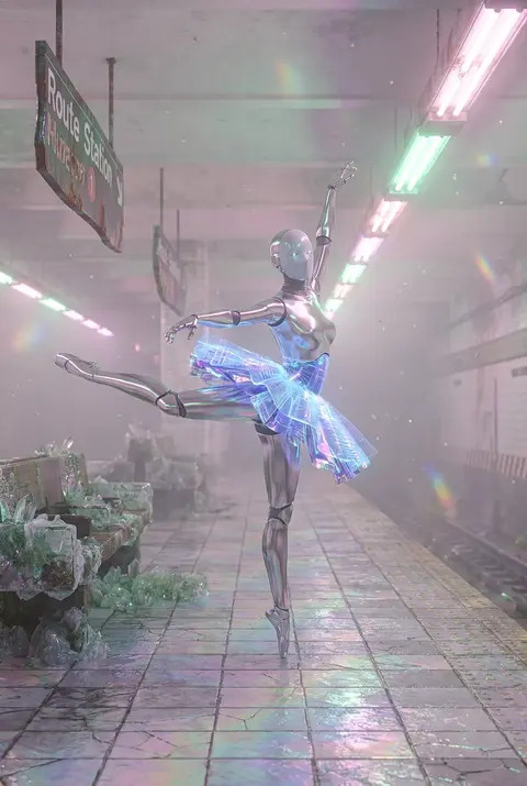 A robotic ballet dancer poised mid-arabesque on an abandoned subway platform flo - AI生成图片 2