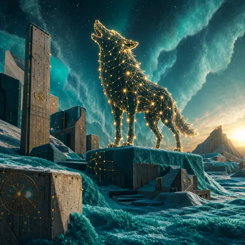A jubilant wolf formed entirely from star-map constellations, its body traced wi - AI生成图片 1