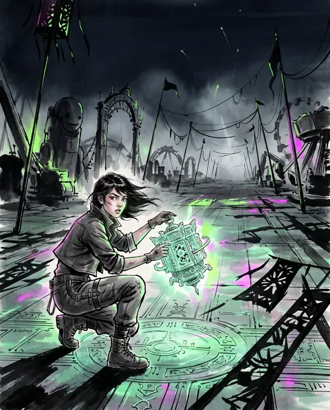 午夜嘉年华中的纵向构图，一位年轻发明学徒半蹲在画面左下方，侧身警觉地调整一只悬浮的 carved jade 机械灯笼，指尖沾着墨与金属粉，衣着为层叠短外套与束腿 - AI生成图片 2