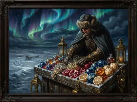 Baroque oil painting of a market fruit vendor on a frozen tundra beneath ripplin - AI生成图片 2