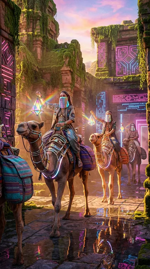 A sun-washed caravan of chrome-framed camels and woven saddlebags glides through - AI生成图片 1